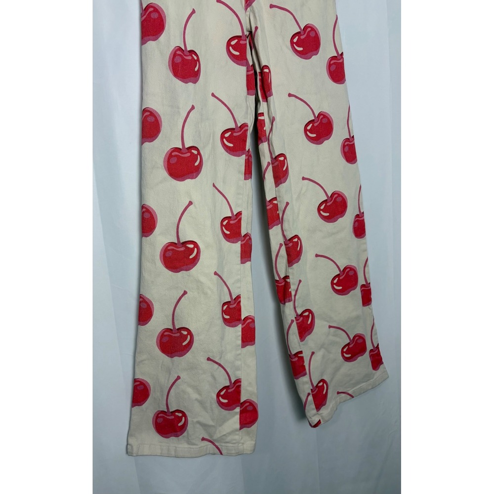 Women's Cream Red Cherry Fruitcore Wide Leg Pants Size S Kidcore Statement - Picture 2 of 9